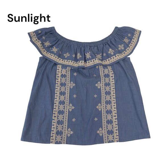 Joy Joy Womens Off-Shoulder Embroidered Chambray Blue Top Size Large 100% Cotton - Picture 1 of 10